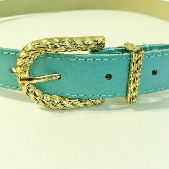 Turquoise Blue Thin Belt Gold Rope Metal Buckle Faux Leather Stitched Womens - Picture 3 of 7